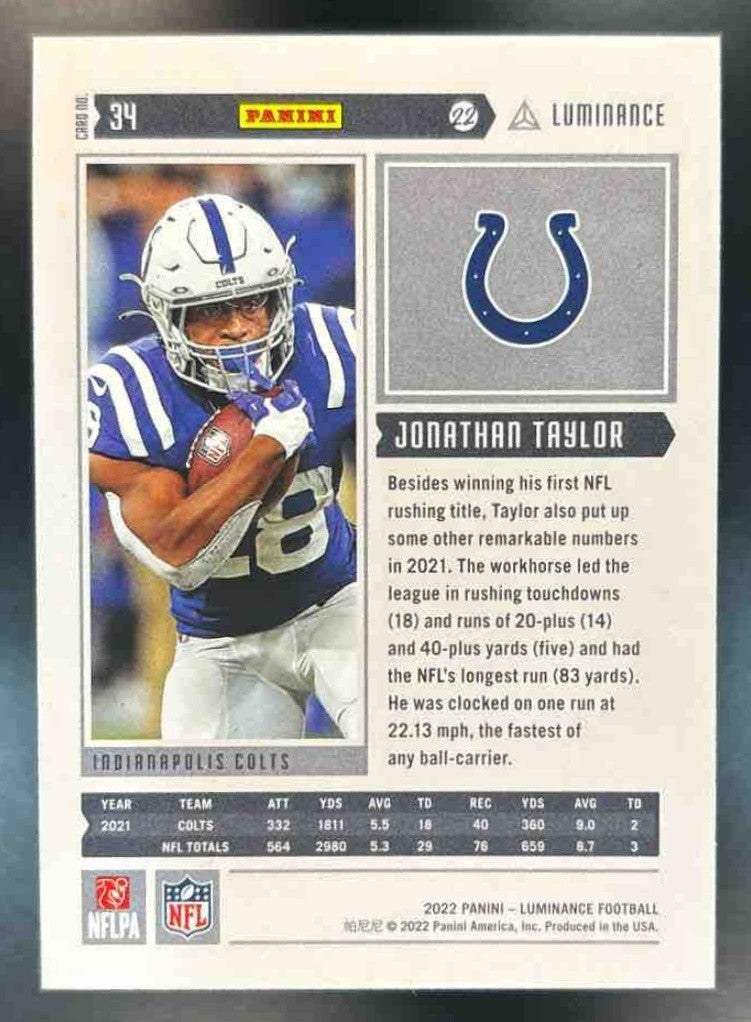 2022 Panini Luminance Jonathan Taylor Gold /249 #34 Indianapolis Colts