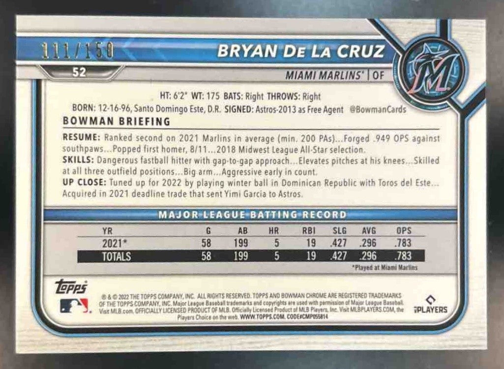2022 Bowman Chrome Bryan De La Cruz Blue /150 #52 RC Miami Marlins