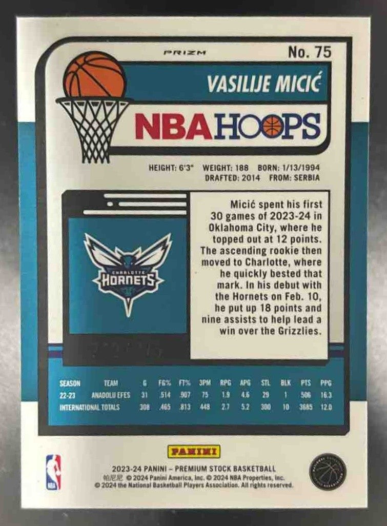 2023-24 Hoops Premium Stock Vasilije Micic Red /275 #75 RC Charlotte Hornets