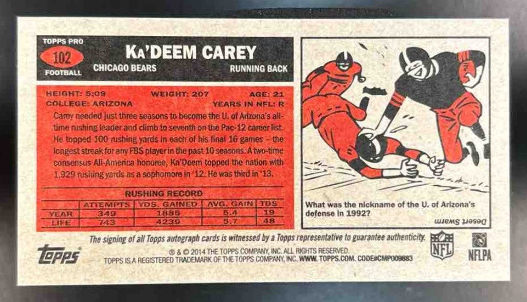 2014 Topps Ka Deem Carey 1965 Auto 5/150 #102 RC Chicago Bears