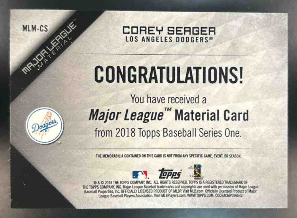 2018 Topps Corey Seager Major League Material Relics MEM Los Angeles Dodgers