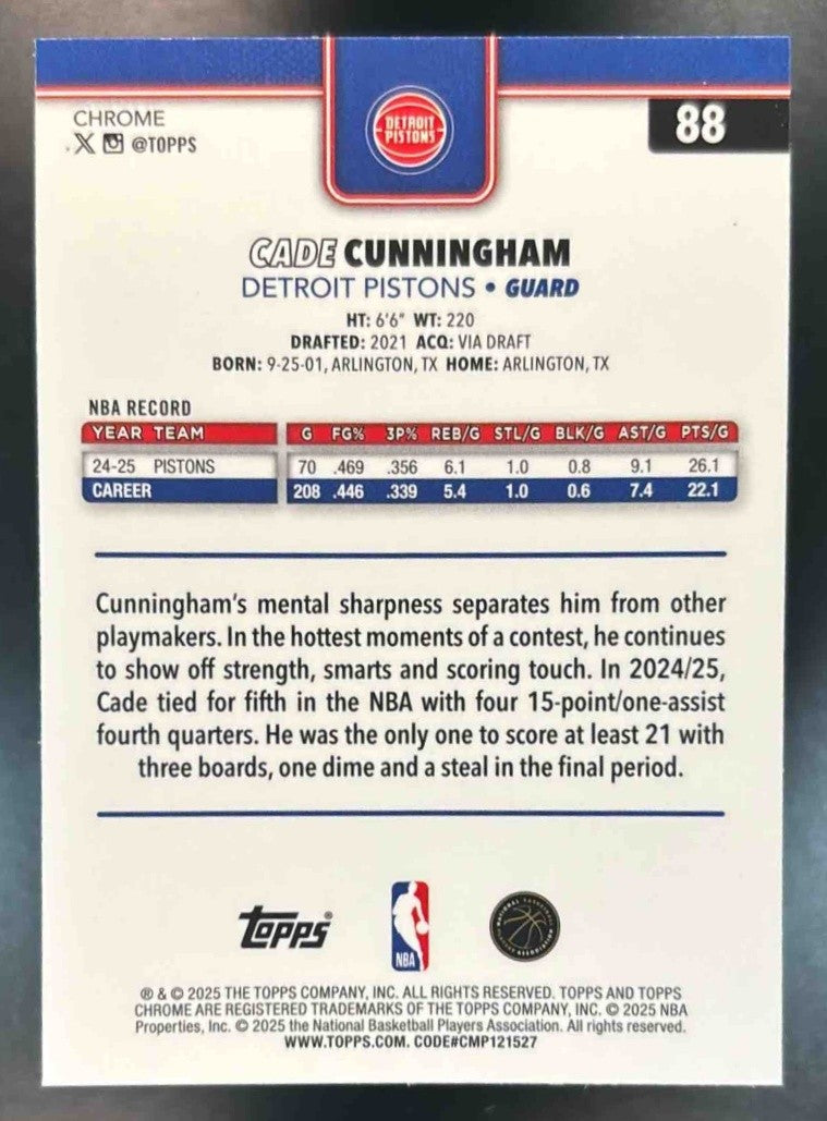 2025-26 Topps Chrome Cade Cunningham Basketball Refractor #88 Detroit Pistons