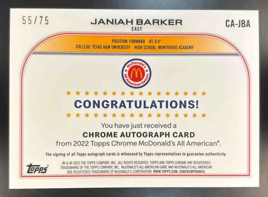 2022-23 Topps Chrome McDonald's All American Janiah Barker Auto Yellow /75