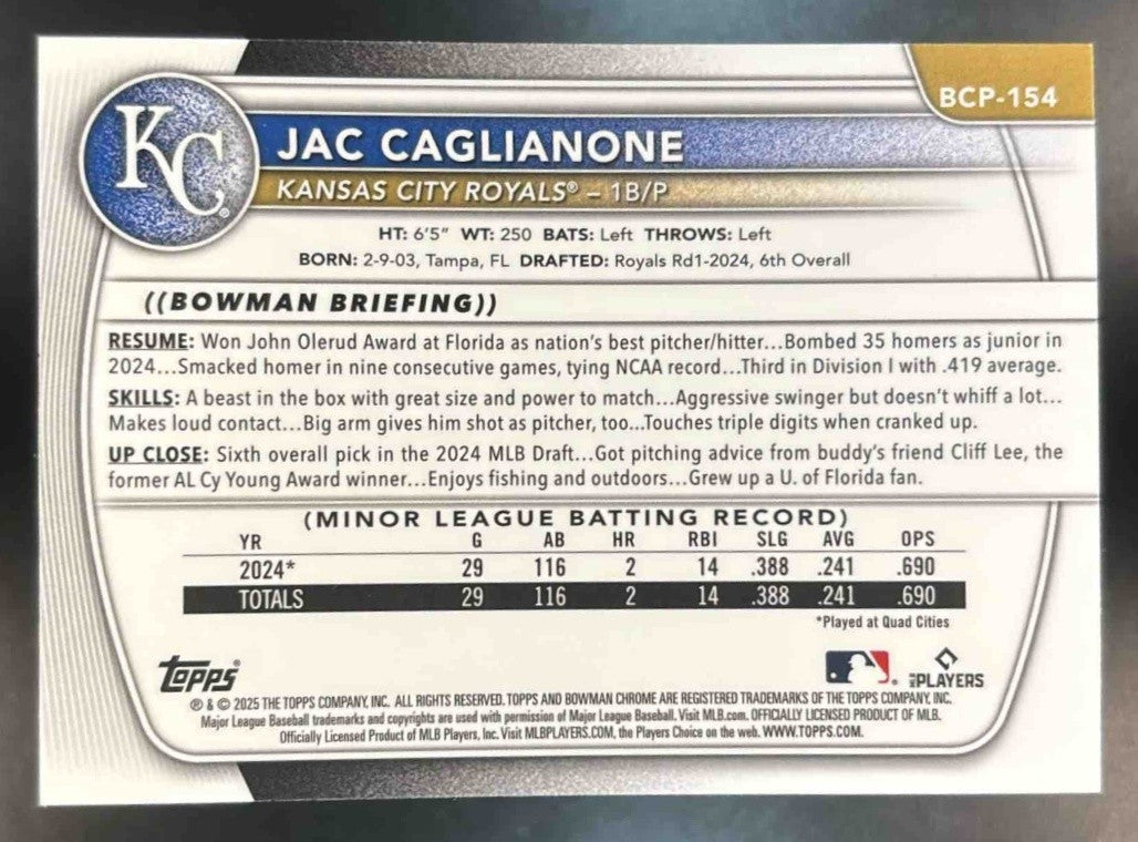 2025 Bowman Chrome Mega Box Jac Caglianone Prospects Pink Mojo /199 #BCP-154