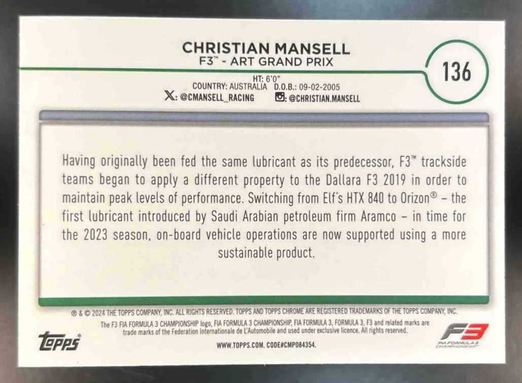 2024 Topps Chrome Logofractor Edition Formula 1 Christian Mansell Gold /50 #136