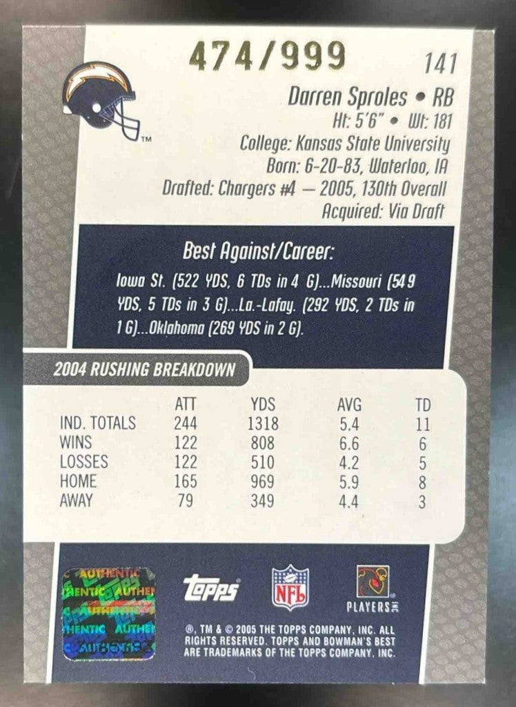 2005 Bowman's Best #141 Darren Sproles AU RC Auto /999 San Diego Chargers Rookie