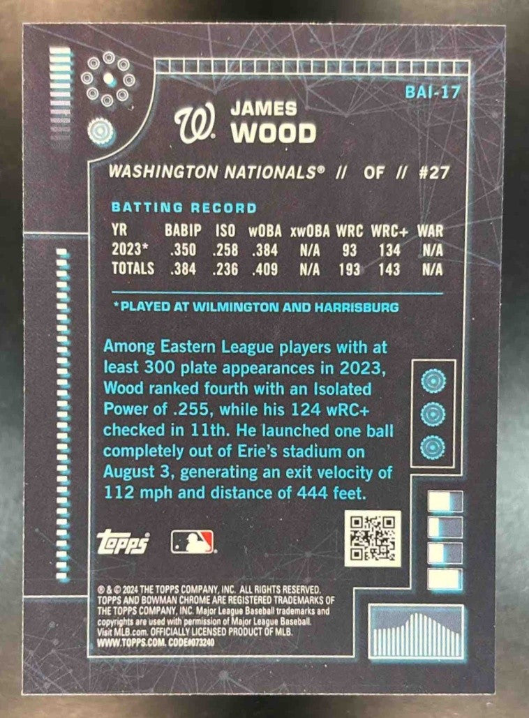 2024 Bowman James Wood A.I. Chrome #BAI-17 Washington Nationals
