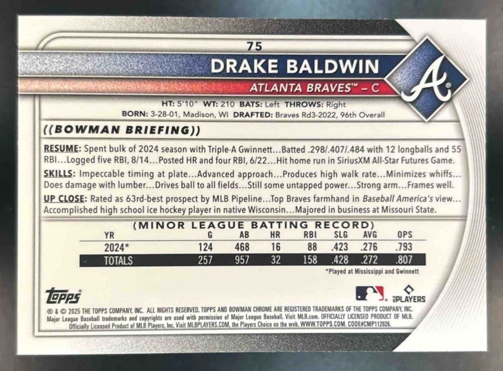 2025 Bowman Chrome Drake Baldwin #75 RC Atlanta Braves