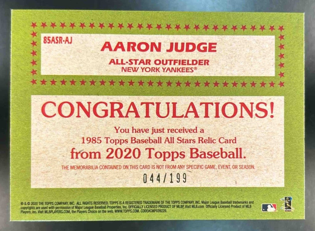 2020 Topps Aaron Judge 1985 35th Anniversary Relics Black /199 MEM Yankees