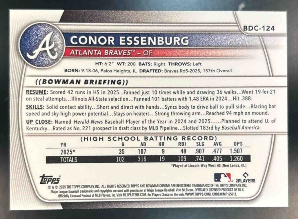 2025 Bowman Draft Conor Essenburg Chrome Logofractor /35 #BDC-124 1st Prospect