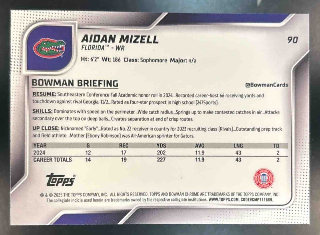 2025 Bowman Chrome University Sapphire Aidan Mizell #90 1st Prospect Gators