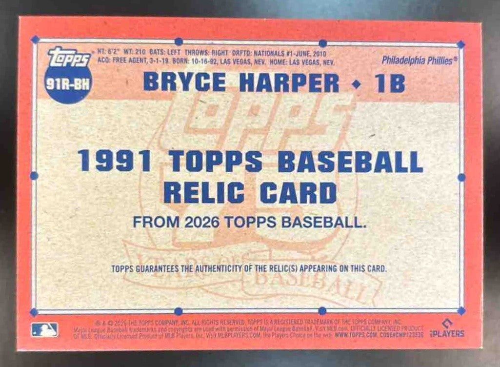 2026 Topps Bryce Harper 1991 Relic #91R-BH MEM Philadelphia Phillies
