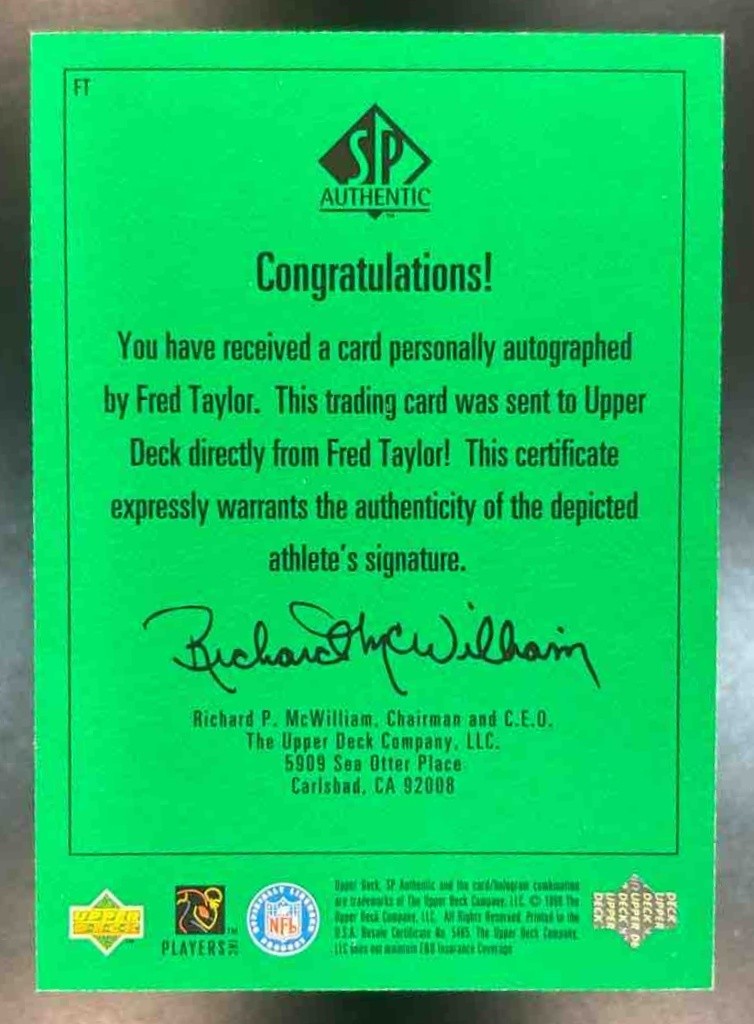 1998 SP Authentic Fred Taylor Player's Ink Green RC Auto Jacksonville Jaguars