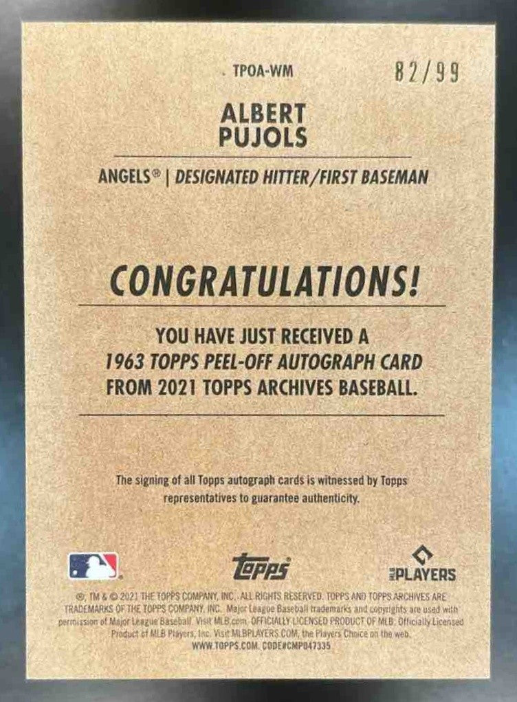 2021 Topps Archives Albert Pujols 1963 Peel-Off Auto Silver /99 Angels