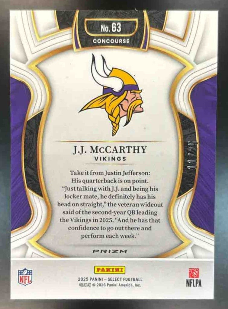 2025 Panini Select J.J. McCarthy Tie-Dye Prizm Shock /25 #63 Minnesota Vikings