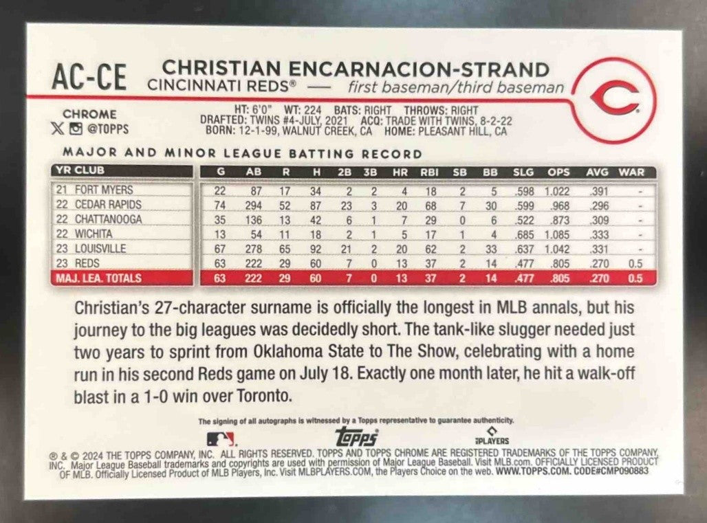 2024 Topps Chrome Update Christian Encarnacion-Strand Blue Auto /150 RC Reds