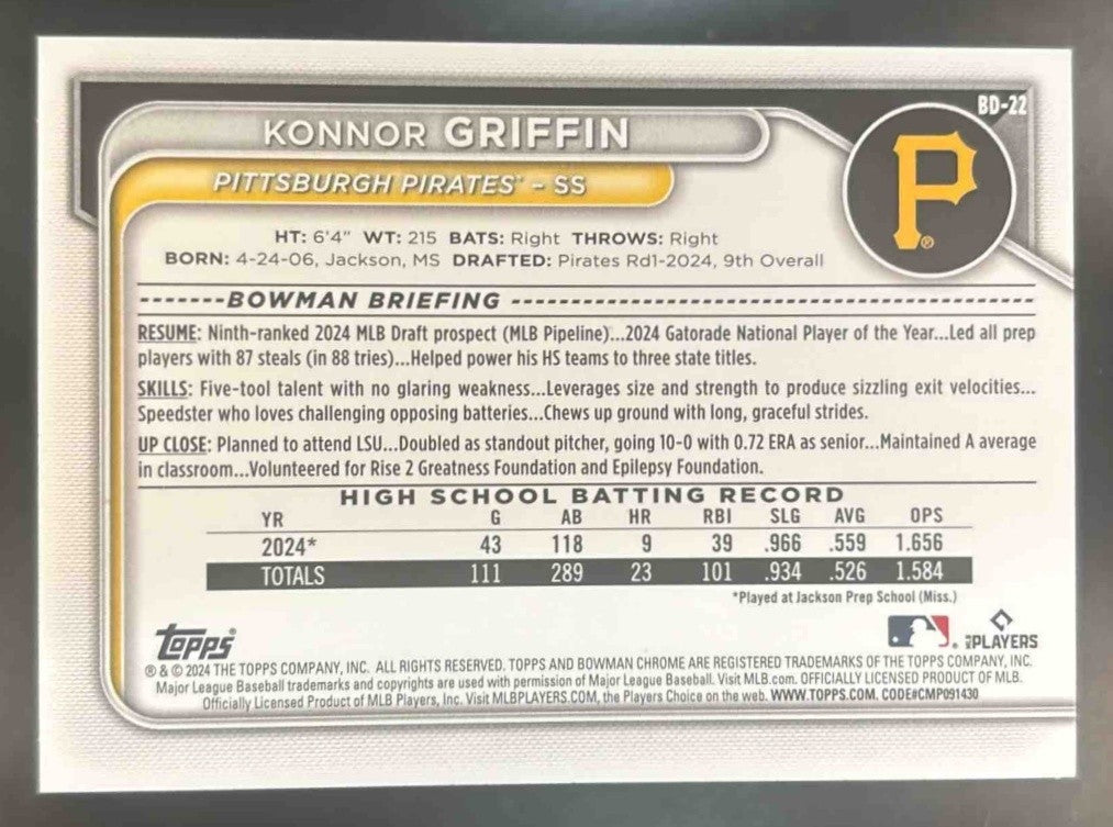 2024 Bowman Draft Konnor Griffin #BD-22 1st Prospect Pittsburgh Pirates