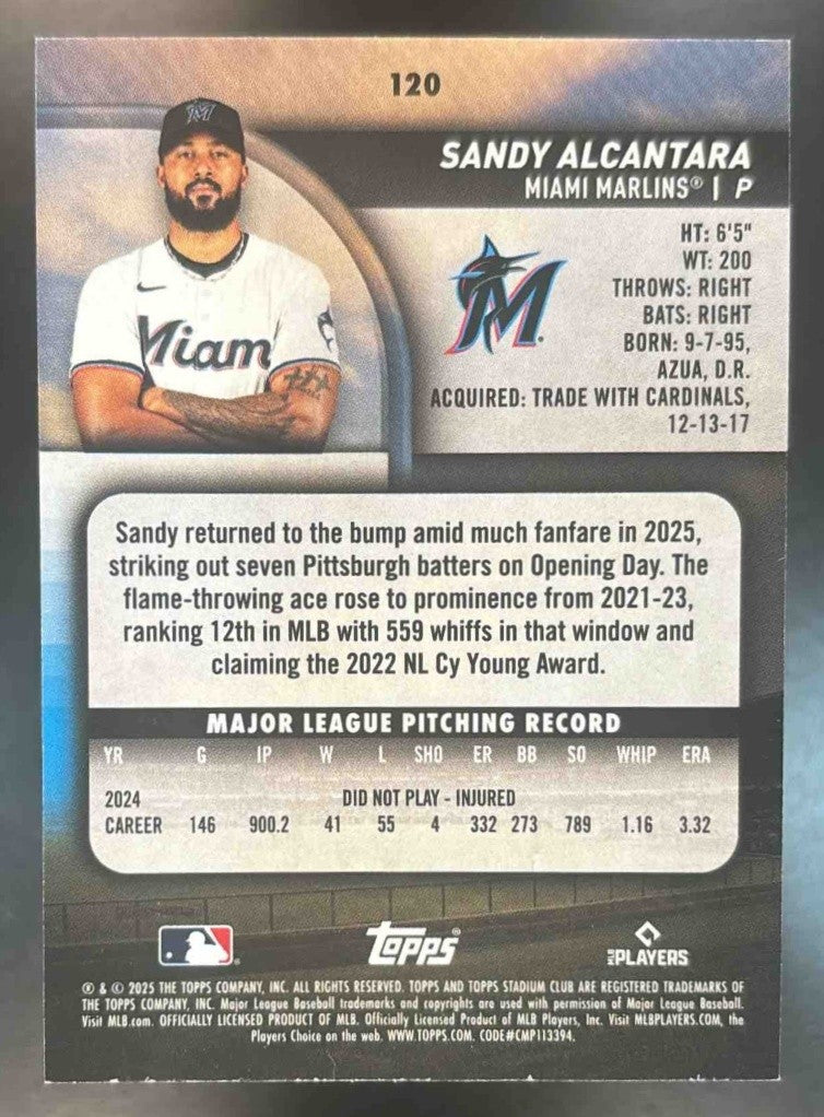 2025 Topps Stadium Club Sandy Alcantara Gold Foil /50 #120 Miami Marlins