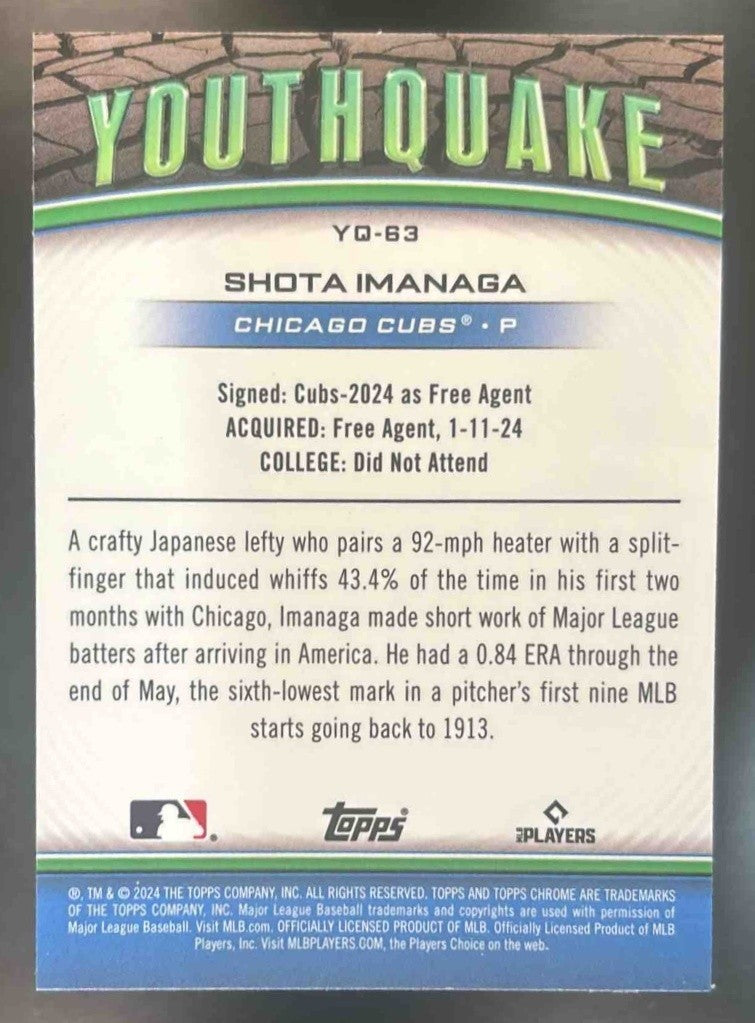 2024 Topps Chrome Update Shota Imanaga Youthquake Green /99 RC Chicago Cubs