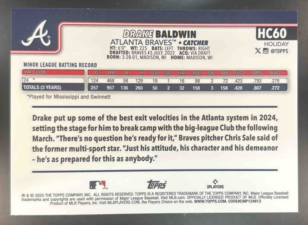 2025 Topps Holiday Drake Baldwin Chrome Purple /299 #HC60 RC Atlanta Braves