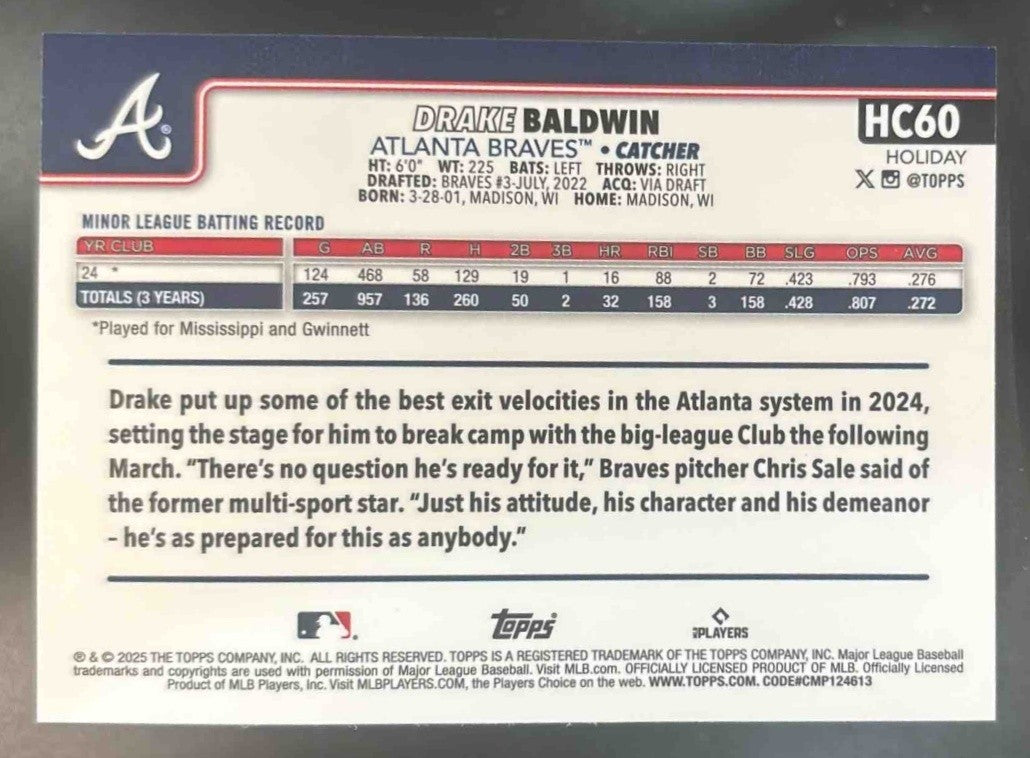 2025 Topps Holiday Drake Baldwin Chrome Green /99 #HC60 RC Atlanta Braves