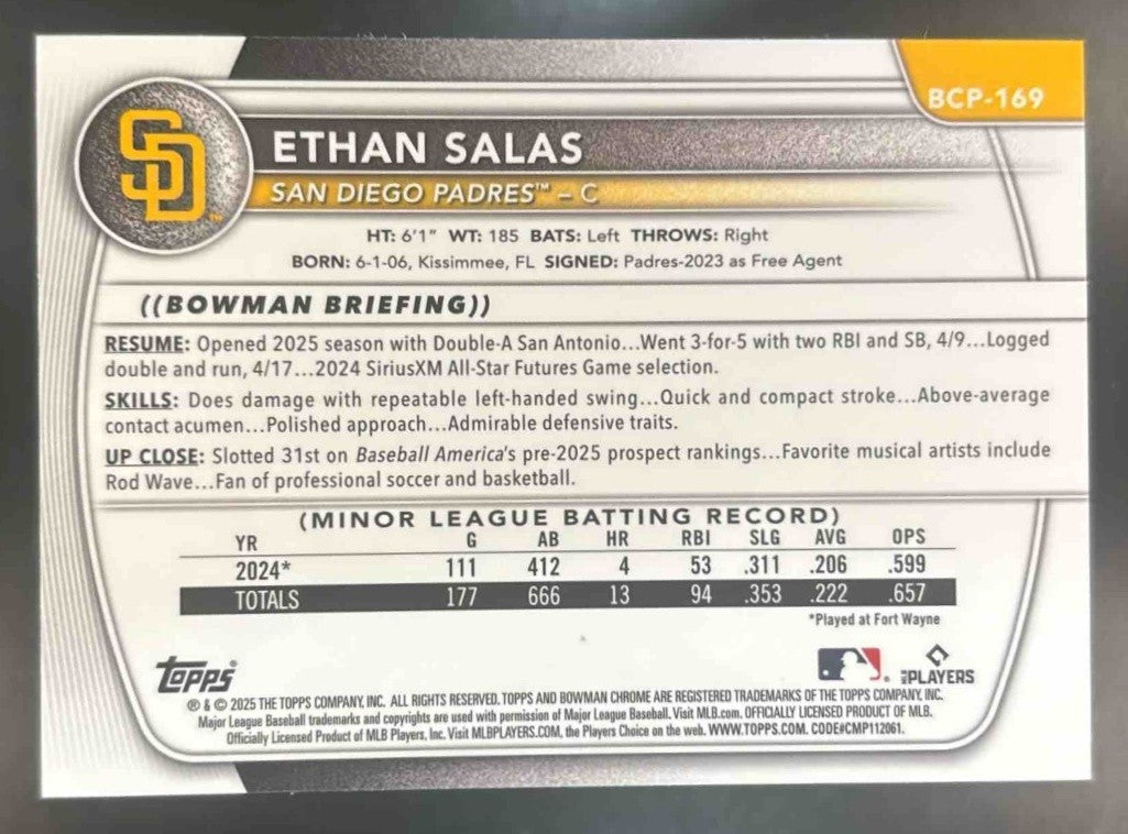 2025 Bowman Chrome Ethan Salas Prospects Yellow Geometric /75 #BCP-169 Padres
