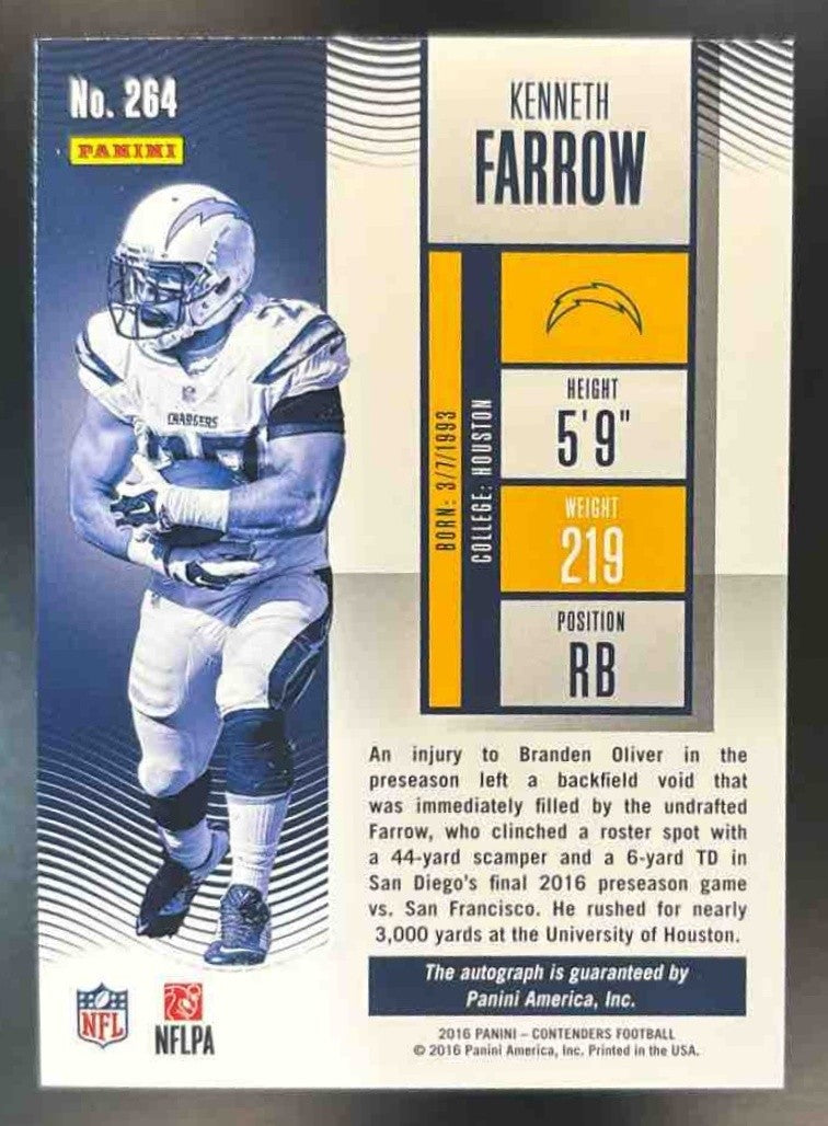 2016 Contenders Kenneth Farrow #264 RC Rookie Ticket Auto San Diego Chargers
