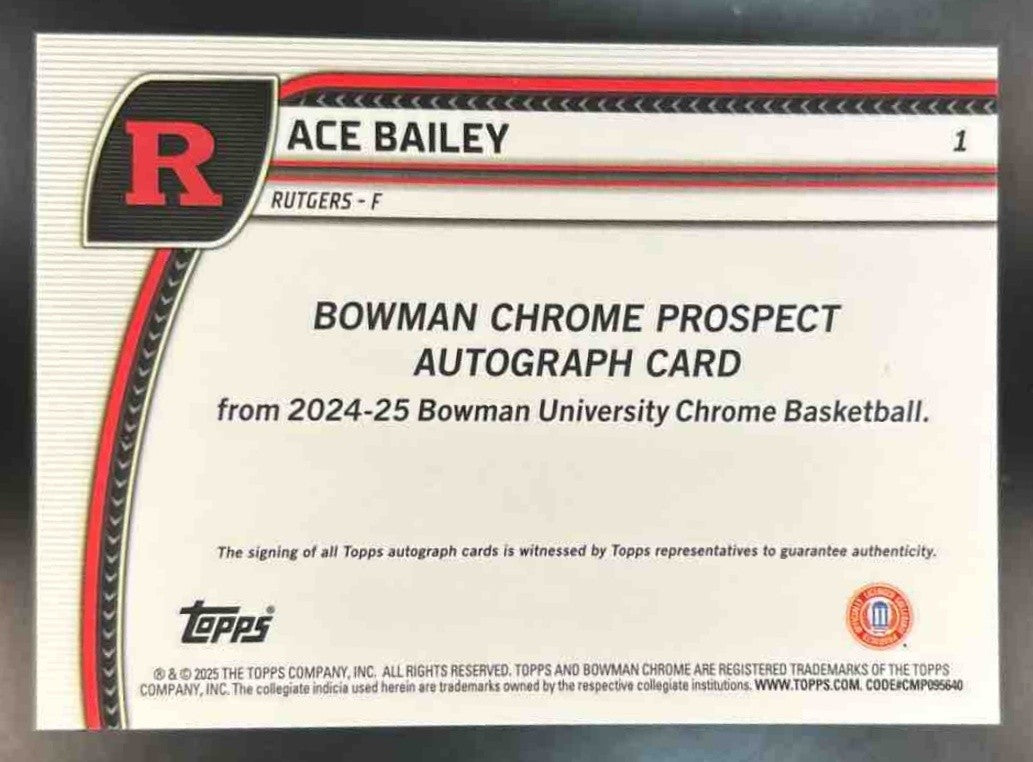 2024-25 Bowman University Chrome Ace Bailey Gold Refractor Auto /50 #1