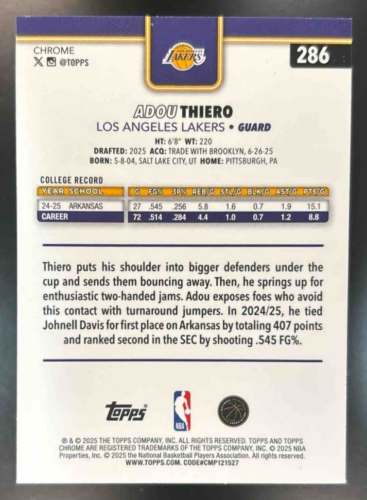 2025-26 Topps Chrome Adou Thiero Magenta /399 #286 RC Los Angeles Lakers