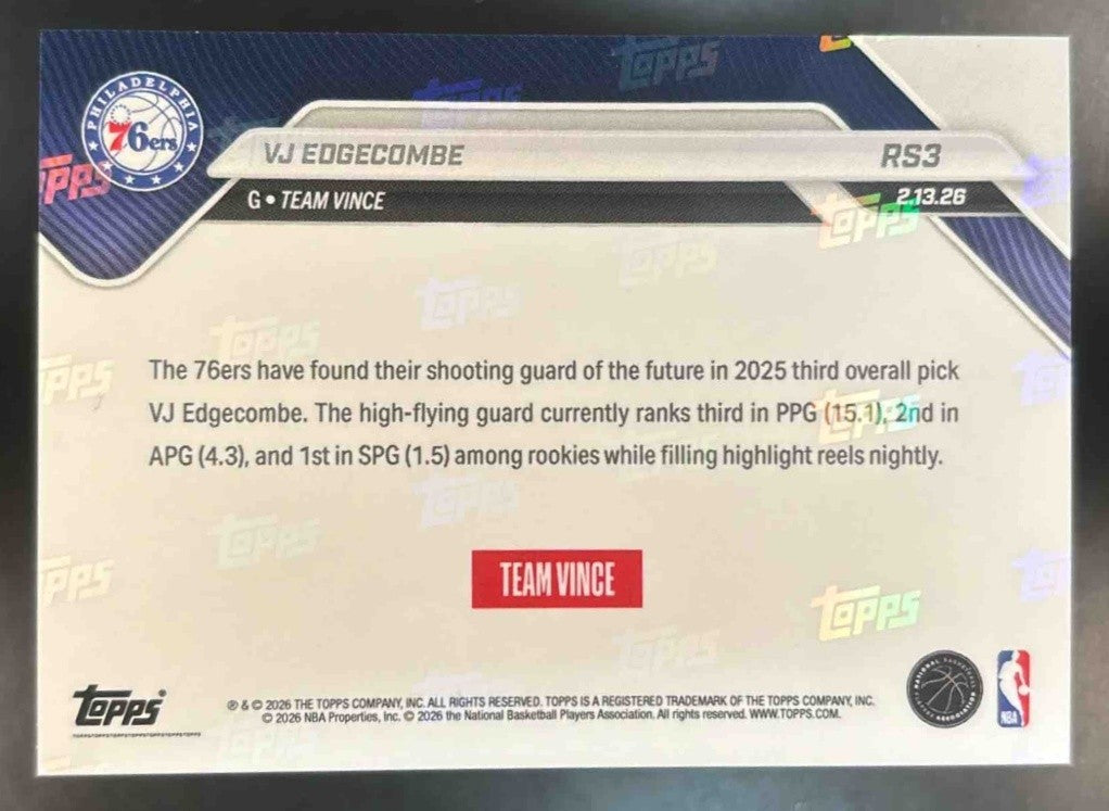 2025-26 Topps Now Rising Stars VJ Edgecombe #RS3 Philadelphia 76ers