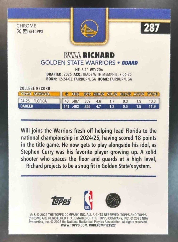 2025-26 Topps Chrome Will Richard Skylight Refractor #287 RC Warriors