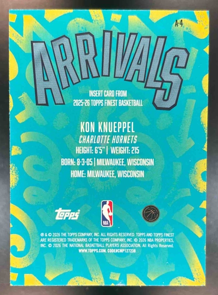 2025-26 Topps Finest Kon Knueppel Arrivals #A-4 RC Charlotte Hornets