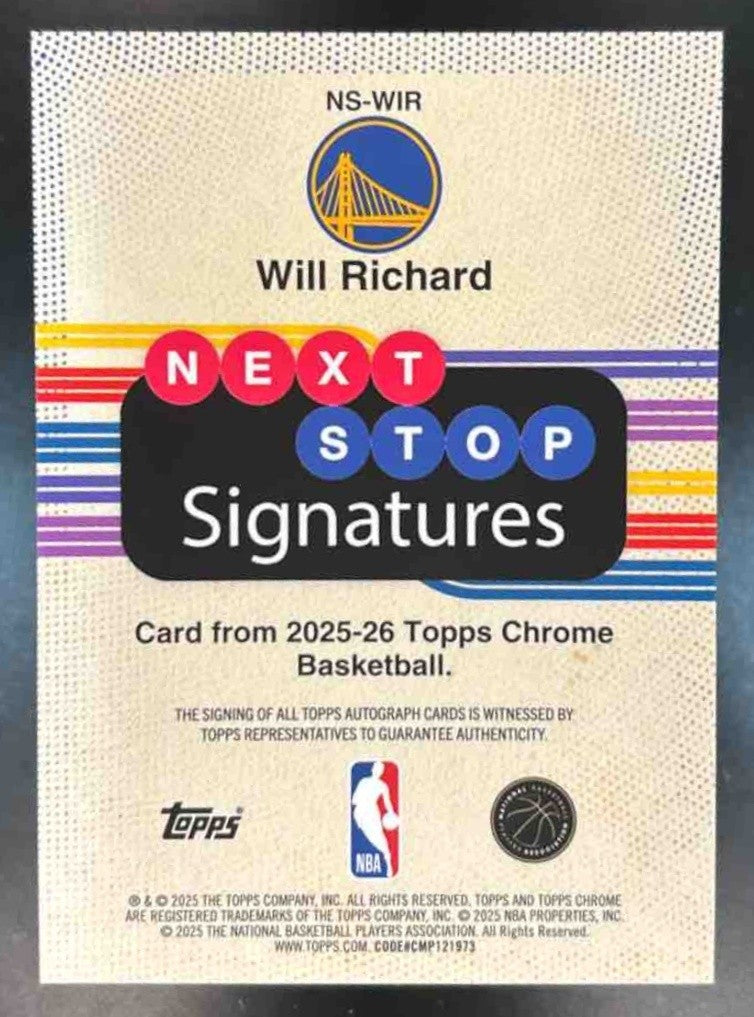 2025-26 Topps Chrome Will Richard Next Stop Signature Blue /150 RC Auto Warriors