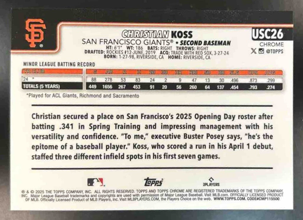 2025 Topps Chrome Update Christian Koss Orange /25 #USC26 RC San Francisco Giant