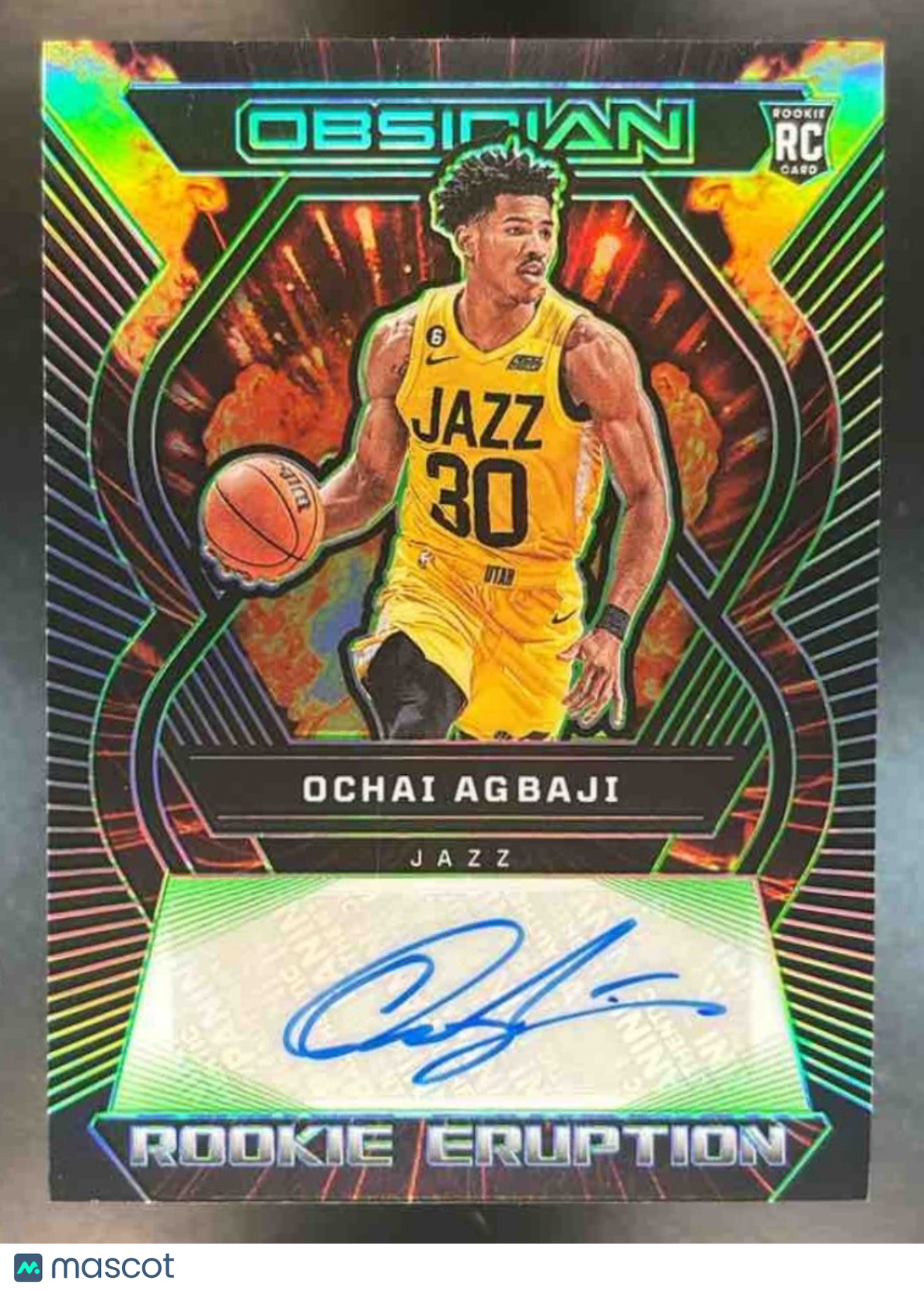 2022-23 Panini Obsidian Ochai Agbaji Rookie Eruption Auto Green /25 RC Jazz