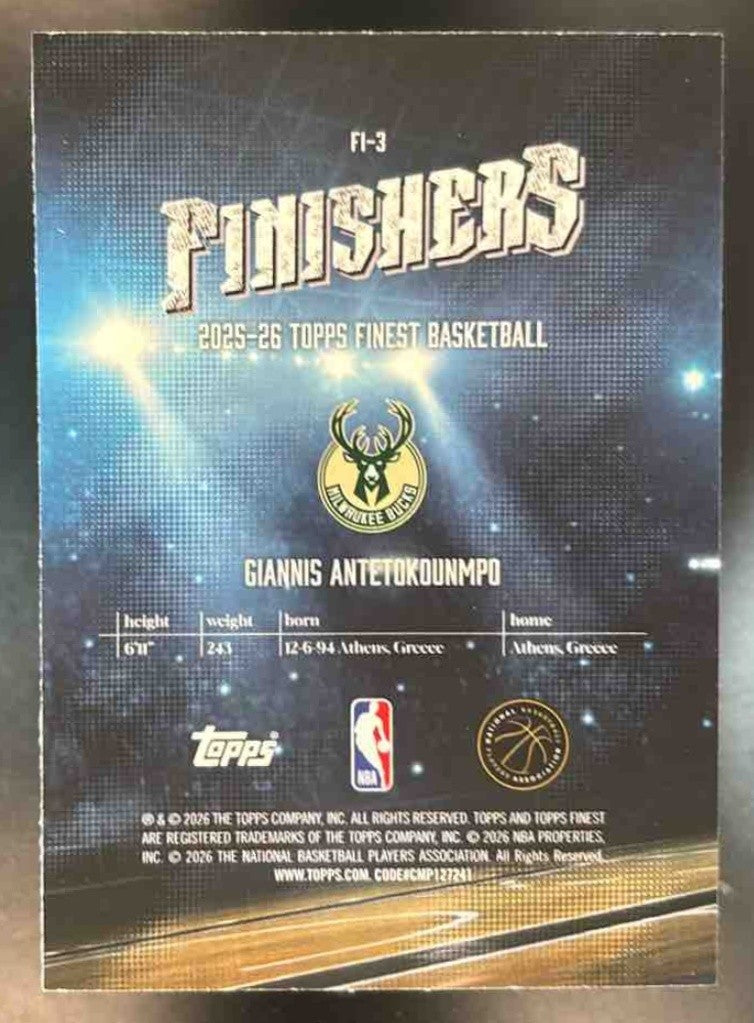 2025-26 Topps Finest Giannis Antetokounmpo Finishers Sky Blue /150 Bucks