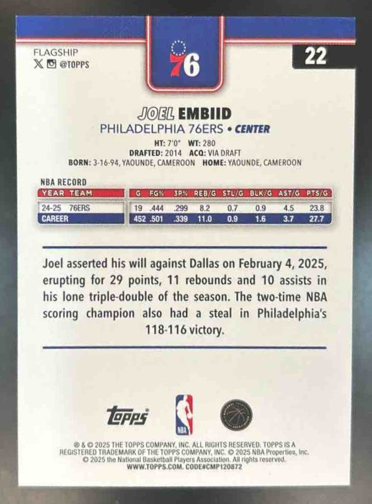 2025-26 Topps Joel Embiid Season Tip-Off Orange Foil /25 #22 Philadelphia 76ers