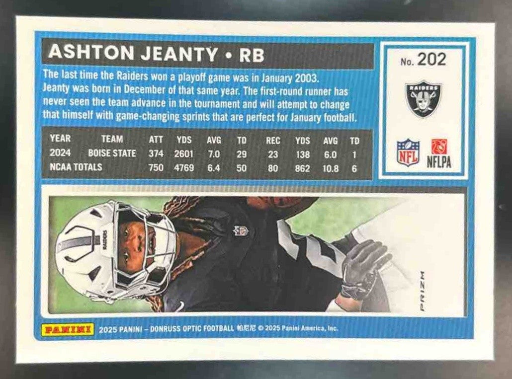 2025 Panini Donruss Optic Ashton Jeanty Purple Shock RC #202 Las Vegas Raiders