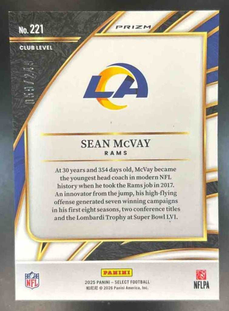 2025 Panini Select Sean McVay Club Level Red Shock /249 #221 Los Angeles Rams
