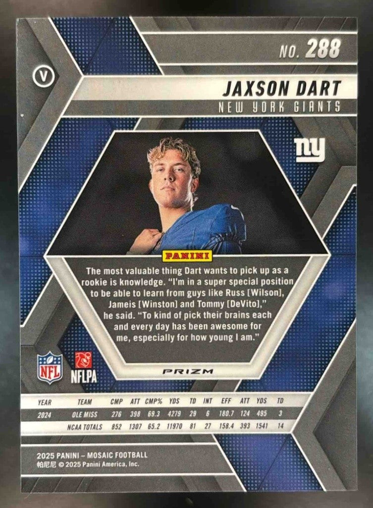 2025 Mosaic Jaxson Dart Rookie Variation Reactive Blue #288 RC New York Giants