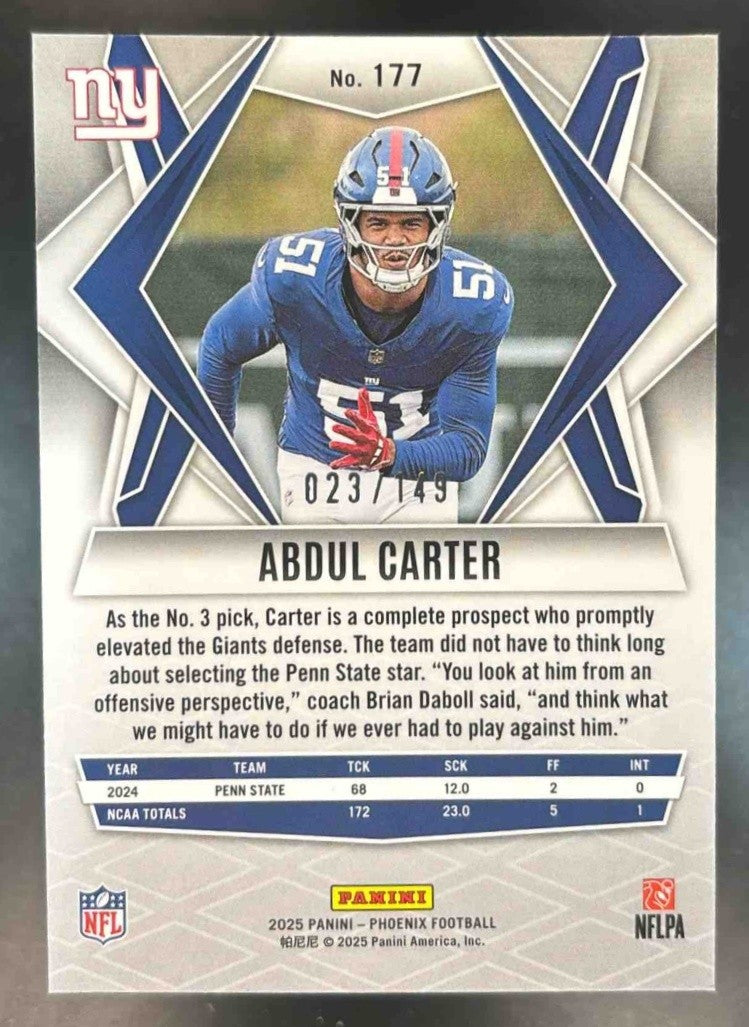 2025 Panini Phoenix Abdul Carter /149 #177 RC New York Giants