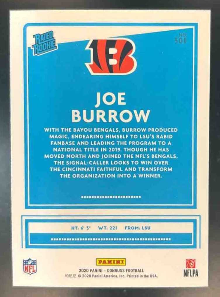 2020 Panini Donruss Joe Burrow #301 RC Cincinnati Bengals
