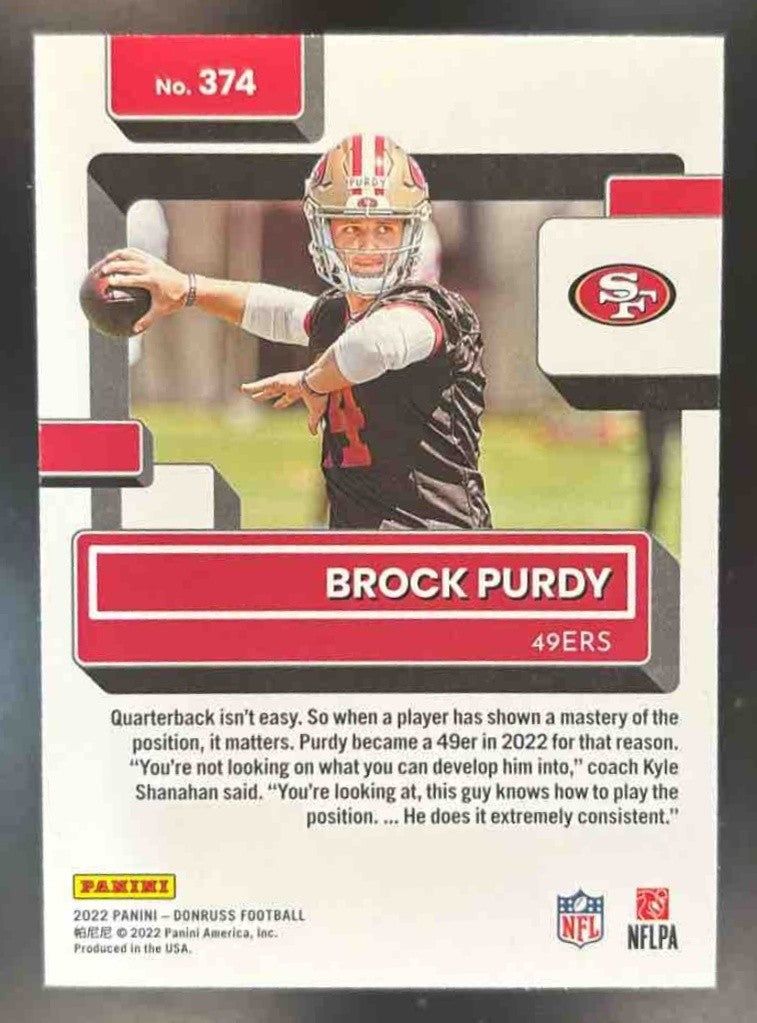 2022 Panini Donruss Brock Purdy Blue Press Proof #374 RC San Francisco 49ers