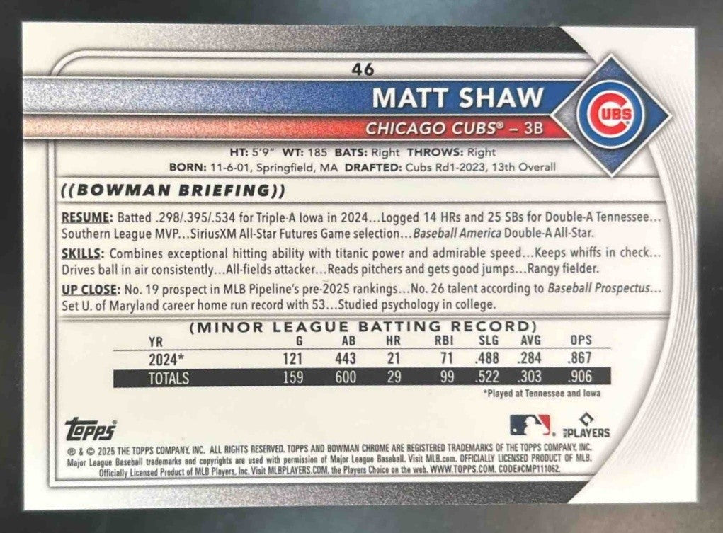 2025 Bowman Chrome Mega Box Matt Shaw Image Variation Mojo Refractor #46 RC Cubs