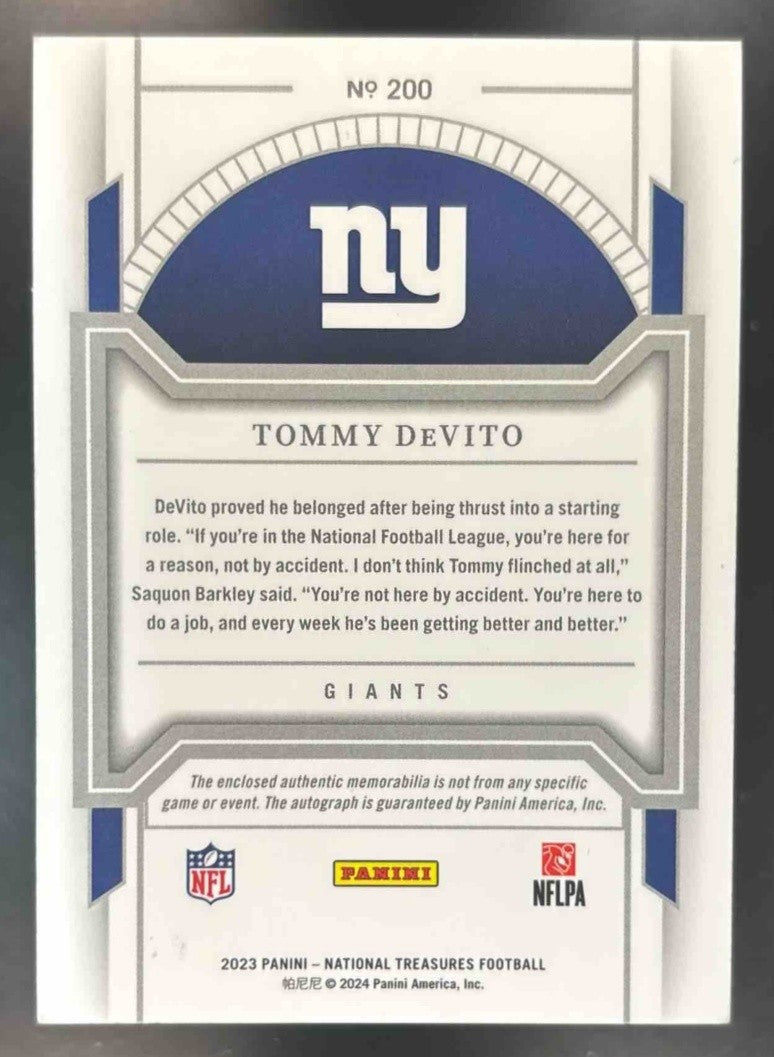 2023 National Treasures Tommy DeVito Rookie Patch Auto /15 #200 New York Giants