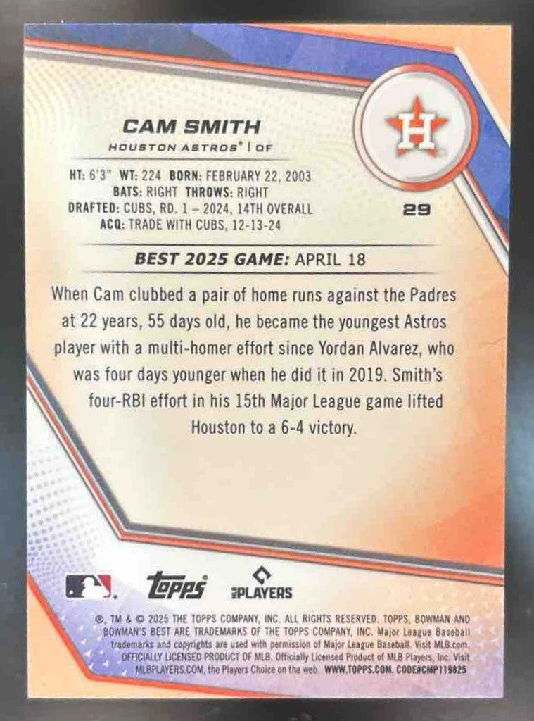2025 Bowman's Best Cam Smith Blue Refractor /150 #29 RC Houston Astros