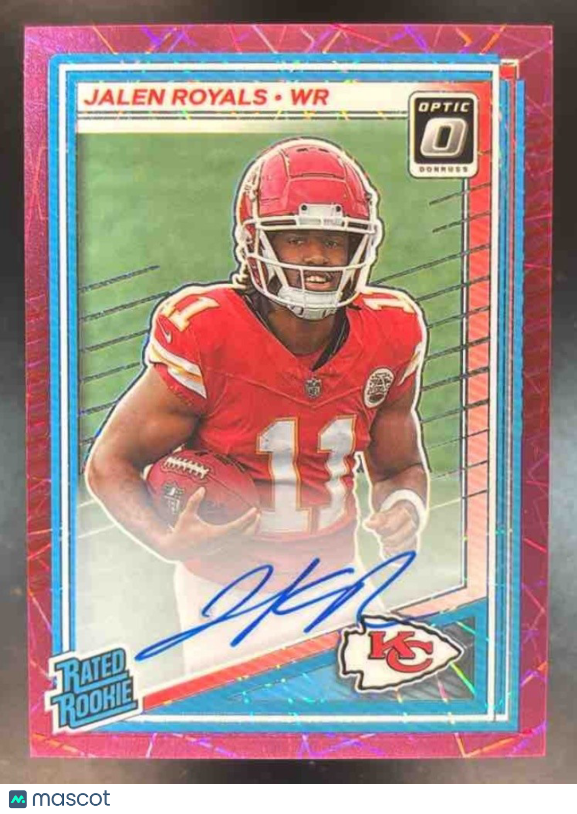 2025 Donruss Optic Jalen Royals RPS Auto Pink Velocity /75 Kansas City Chiefs