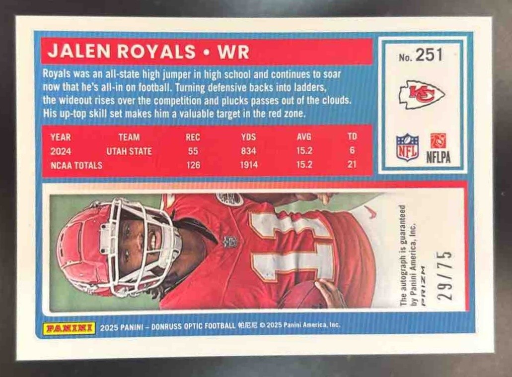 2025 Donruss Optic Jalen Royals RPS Auto Pink Velocity /75 Kansas City Chiefs