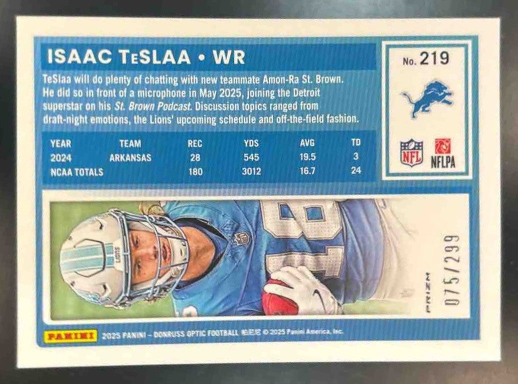 2025 Panini Donruss Optic Isaac TeSlaa Orange Prizm /299 #219 Detroit Lions