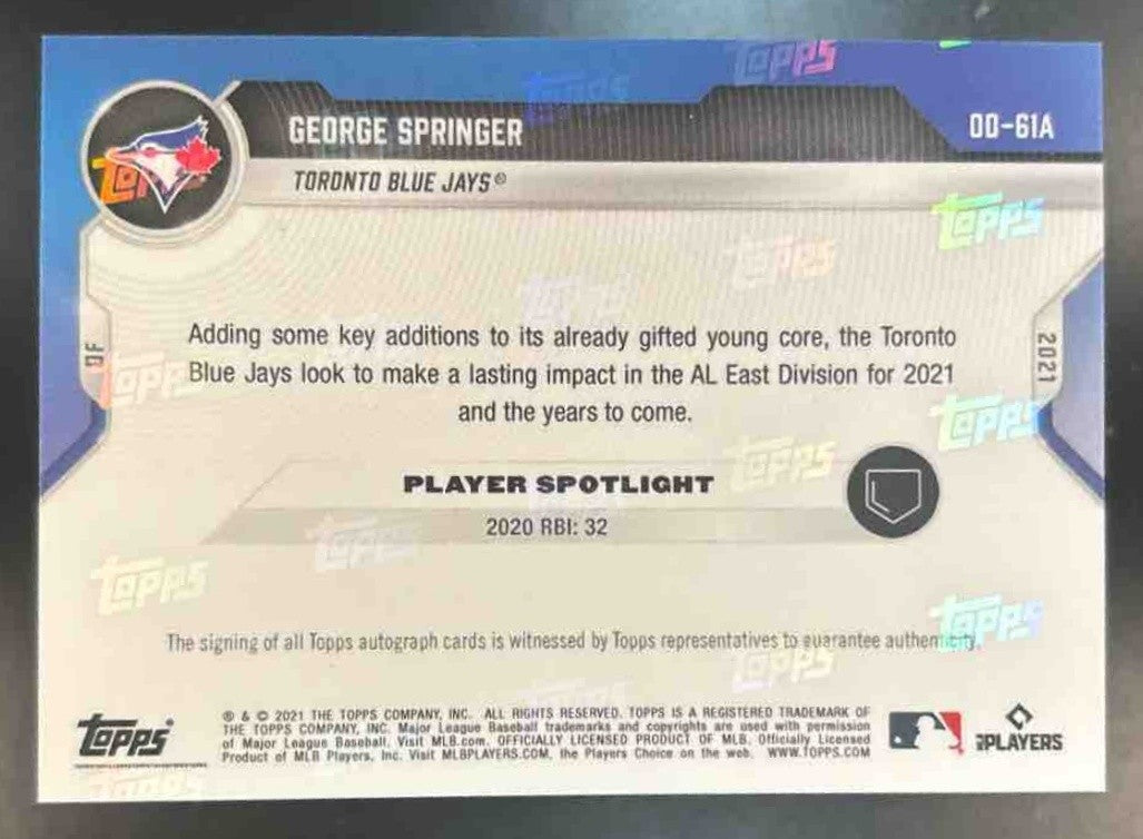 2021 Topps Now Road to Opening Day George Springer Auto 76/99 Blue Jays